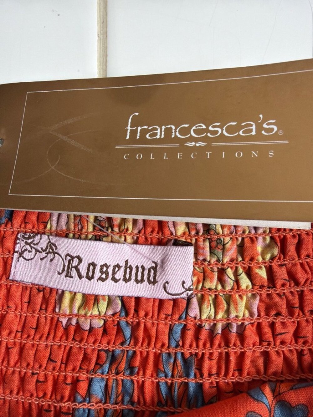 NWT Francesca's Rosebud Mini Skirt Boho Orange Smocked Waist Festival Size L - Picture 10 of 15